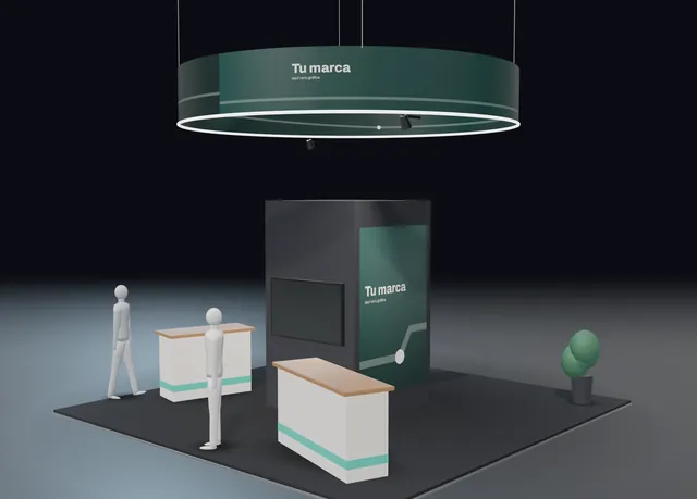 Render de un stand isla con núcleo turquesa