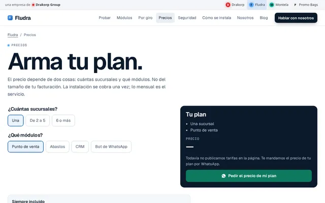 Armador de plan: El cliente arma su plan por sucursales y módulos, y pide el precio con todo escrito.