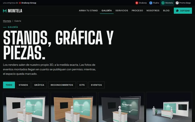 Galería filtrable de Montela: Stands, gráfica y piezas, con espacio honesto para las fotos de eventos.