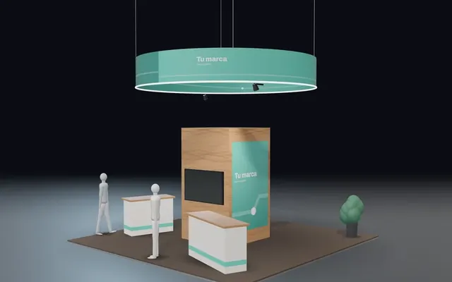 Renders 3D a escala, por código: Stands generados con nuestro propio motor 3D, a la medida exacta, con personas para la escala.